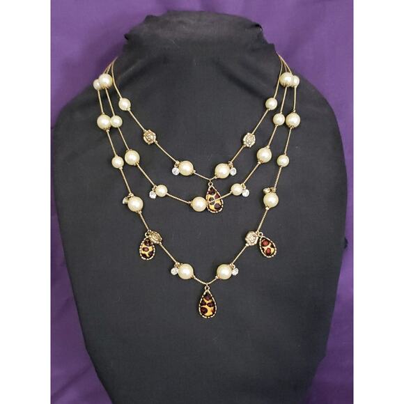Betsey Johnson Multi Strand Necklace Faux Pearl Leopard Rose Statement Gold Tone - Picture 2 of 7